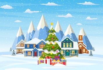 Suburban house covered snow. Building in holiday ornament. Christmas landscape tree. New year decoration. Merry christmas holiday xmas celebration. Vector illustration flat style