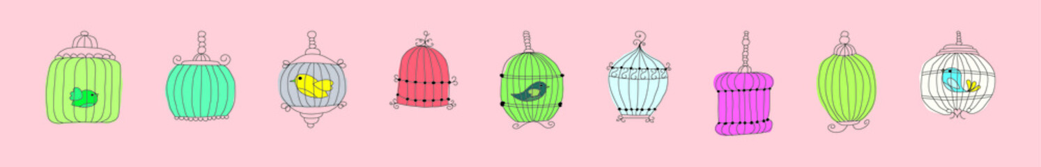 set of birds and birdcages cartoon icon design template with various models. vector illustration isolated on pink background