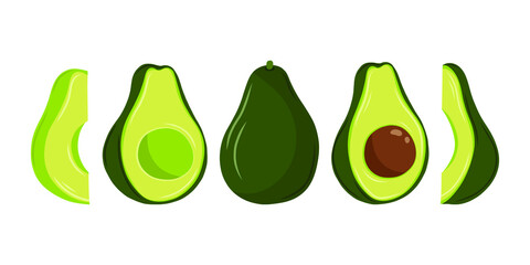 Set of avocado illustrations isolated on white background. Slice and whole fruit, seed, leaf. Vegan food vector icons in cute cartoon style. 