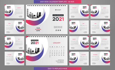 Desk Calendar 2021 template - 12 months included - A5 Size