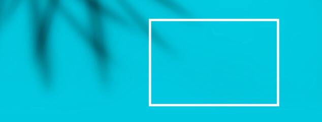 Fototapeta premium blue turquoise empty banner background with blur coconut leaf shadow and white frame with space for text