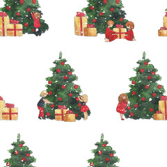 Family christmas, hand-drawn watercolor and ink seamless patterns with people, parents and kids, abstract shapes, cookies, candy cane, gifts, stars, cristmas stocking