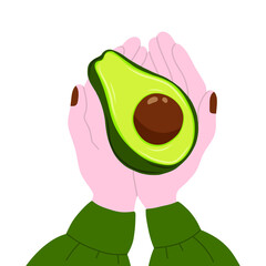 Girl holds in the hands of avocado. Isolated on white.