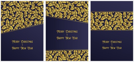 Colored christmas party invitation, banner, poster or postcard with holly silhouette for the new year holiday. Winter illustration of holly for december design