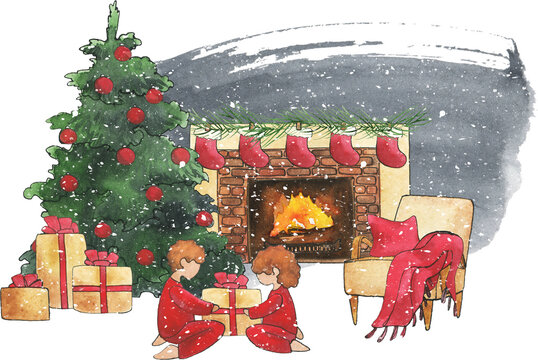 Family Christmas, hand drawn watercolor and ink Christmas family scenes illustrations, father, mother, son, daughter, parents and kids,  Christmas interior