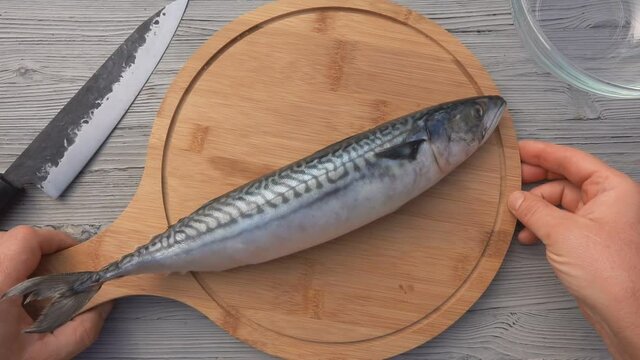 Top view of the male hands putting the mackerel fish on the round wooden board to the table