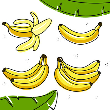 Bananas in flat style. Banana icons. Vector illustration isolated on white background. Tropical fruits, banana snack or vegetarian nutrition. Vegan food vector icons in a trendy cartoon style.