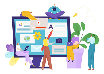 Internet content concept, vector illustration. Online flat marketing at computer technology, team blogger design. People blogging media, business blog background. Creative advertising website.