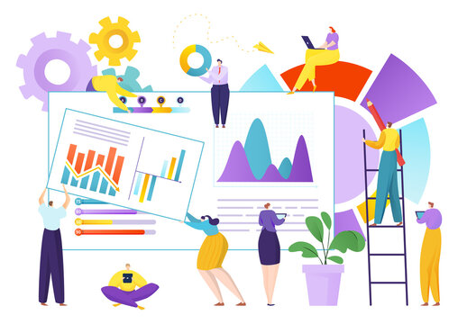 Teamwork devlopment and analysis chart, research diagram imternet graph vector illustration. Analytics planning company, finance growth control. Report strategy with man woman character.