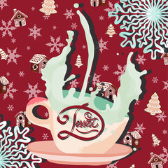 Red winter pattern card with milk and gingerbread houses and inscription 'Dessert'
