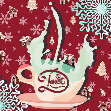 Red Winter Pattern Card With Milk And Gingerbread Houses And Inscription 'Dessert'