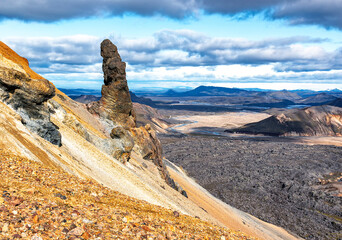 rock formation as an erect phallus on an volcanic mountains in iceland landmannalaugar