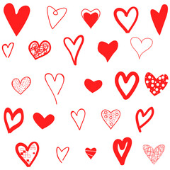 Red heart hand drawn icons set isolated on white background. Collection of hand drawn hearts for love symbol, wallpaper and Valentine's day. Creative outline frame. Heart and love vector