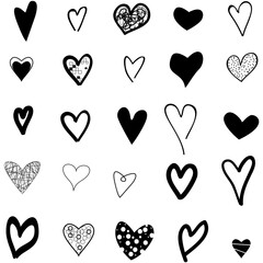Black heart hand drawn icons set isolated on white background. Collection of hand drawn hearts for love symbol, wallpaper and Valentine's day. Creative outline frame. Heart and love vector