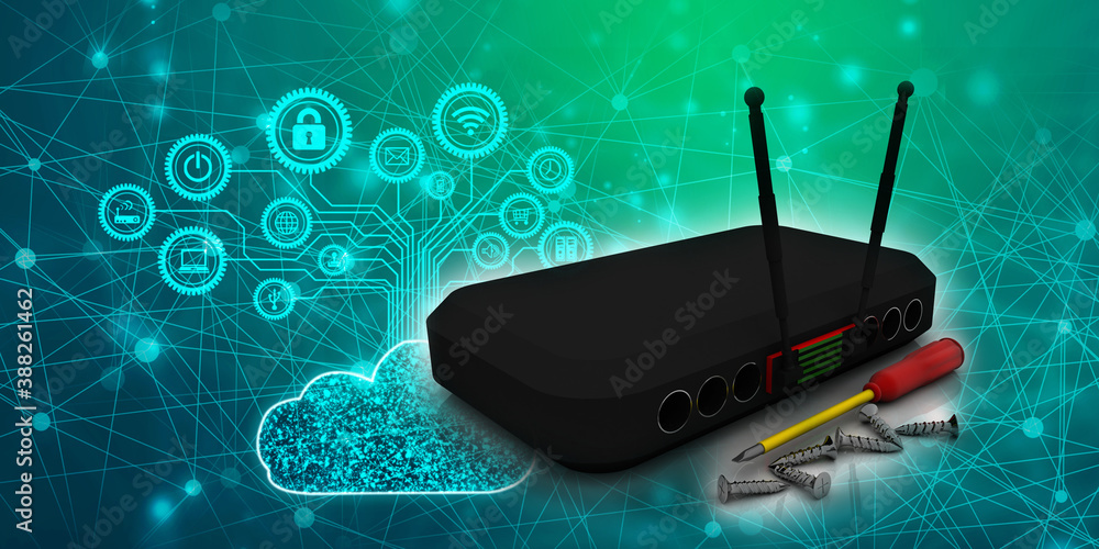 Poster 3d rendering transmitter wifi with screwdriver and screw