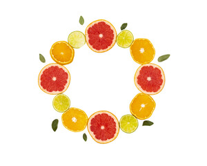 Slicing citrus fruits on a white background, laid out in a circle.