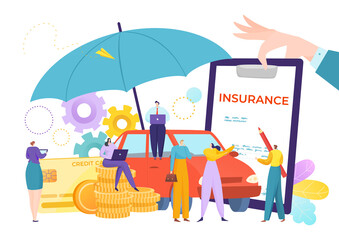 Insurance policy management, claim for team plan vector illustration. Protection and safety service, security help teamwork. Guarantee property and agent application, checklist at clipboard.