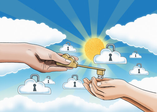 Hands receiving key to online personal data