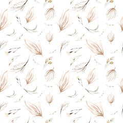 Boho seamless pattern watercolor elements of savanna gold flowers collection garden red, burgundy flower, leaves, branches, Botanic illustration background wedding decor