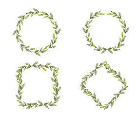 Wreath with green leaves frame, circle and square set for greeting, wedding, hand drawn watercolor branch banner isolated on white background
