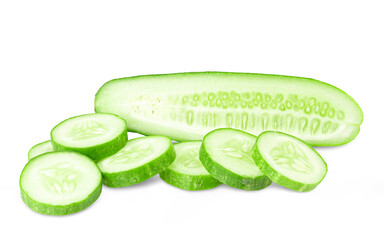 Fresh cucumber, chopped cucumber, isolated on white.