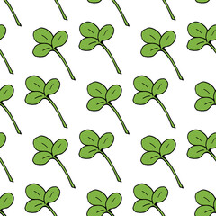 Seamless pattern with big clover leaves on white background. Vector image.