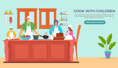 Cooking together with daughter, mother, father character vector illustration. Preparation graphic household education for kid, hobby preparing website poster. Happy family at kitchen, recipe book.