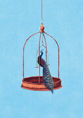 Peacock staying in cage with open bars