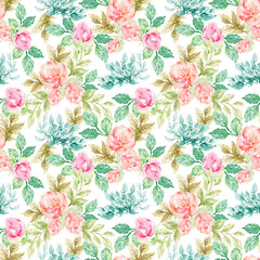 Roses, flowers, leaves, branches foliage Floral vintage splash seamless pattern illustration watercolor hand paint For design textiles, paper, wallpaper