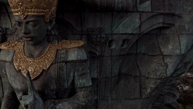 Close up aerial of Garuda Wisnu Kencana statue in Bali devoted to god Vishnu