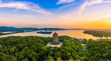 West Lake Leifeng Pagoda scenery in Hangzhou at sunrise,China.Aerial view.