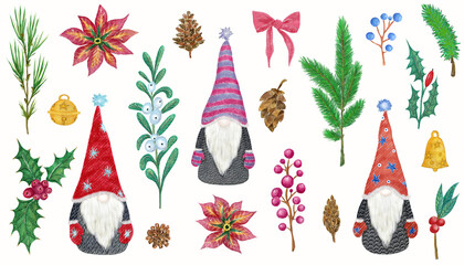 Christmas set with Scandinavian gnomes. Illustrations of fir and berries branches