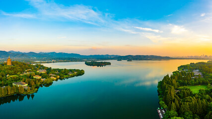 West Lake Leifeng Pagoda scenery in Hangzhou at sunrise,China.Aerial view.