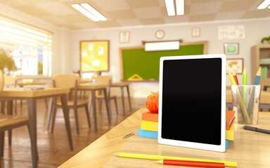Fototapeta na wymiar Blank digital tablet pc with books, pencils and red apple on table in empty school classroom. 3D rendering illustration. Back to school background for technology and education template.