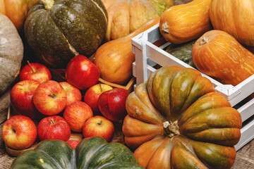 Autumn harvest of pumpkins and apples on wooden board