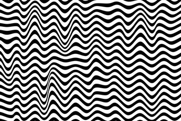 Op art striped banner. Black and white distorted lines background. Monochrome stripes motion effect. Optical illusion of liquid forms, folds. Futuristic chaotic image. Vector wavy messy illustration
