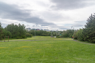 Park in Reykjavik in Iceland at cloudy day.