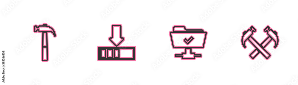 Poster set line hammer, ftp operation successful, loading and two crossed hammers icon. vector.