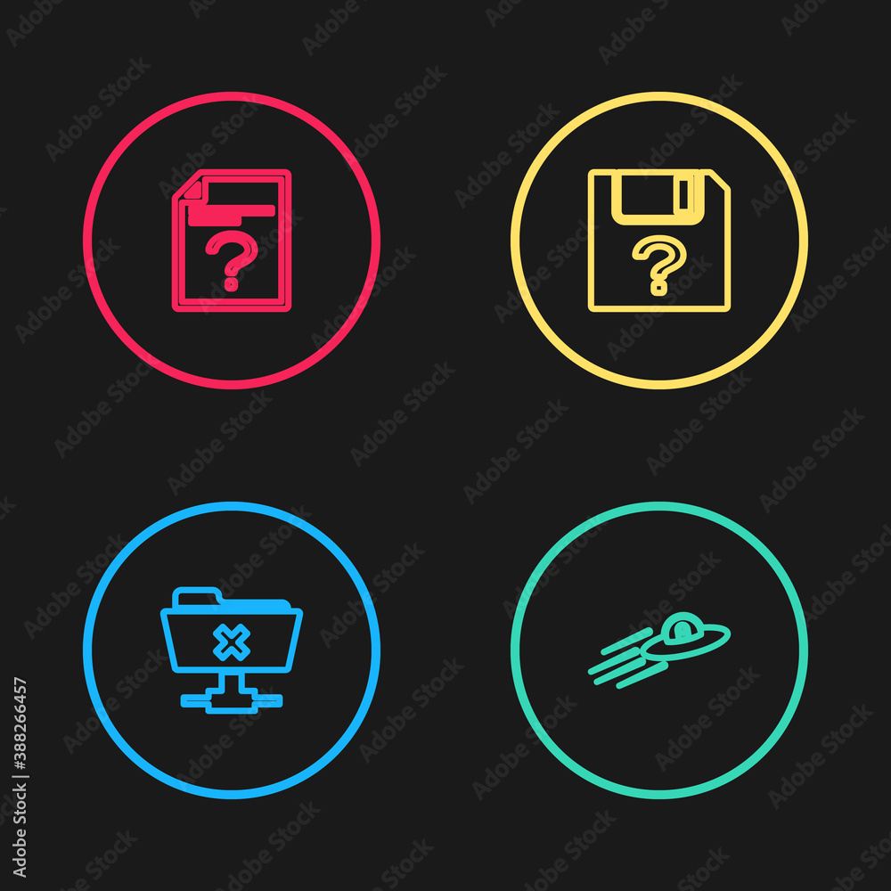 Poster set line ftp cancel operation, ufo flying spaceship and alien, unknown document and icon. vector.