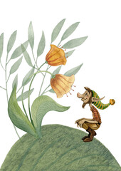 A mixed hand-drawn watercolor illustration of a cute little fairy gnome with a big nose in a funny stripped cap with a gold jingle sitting on his haunches and admiring a yellow flower.
