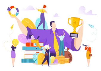 Successful teamwork, success achievement for gold award, victory vector illustration. Leader with trophy prize, team manager winner and champion. Professional employee hold reward for challenge.