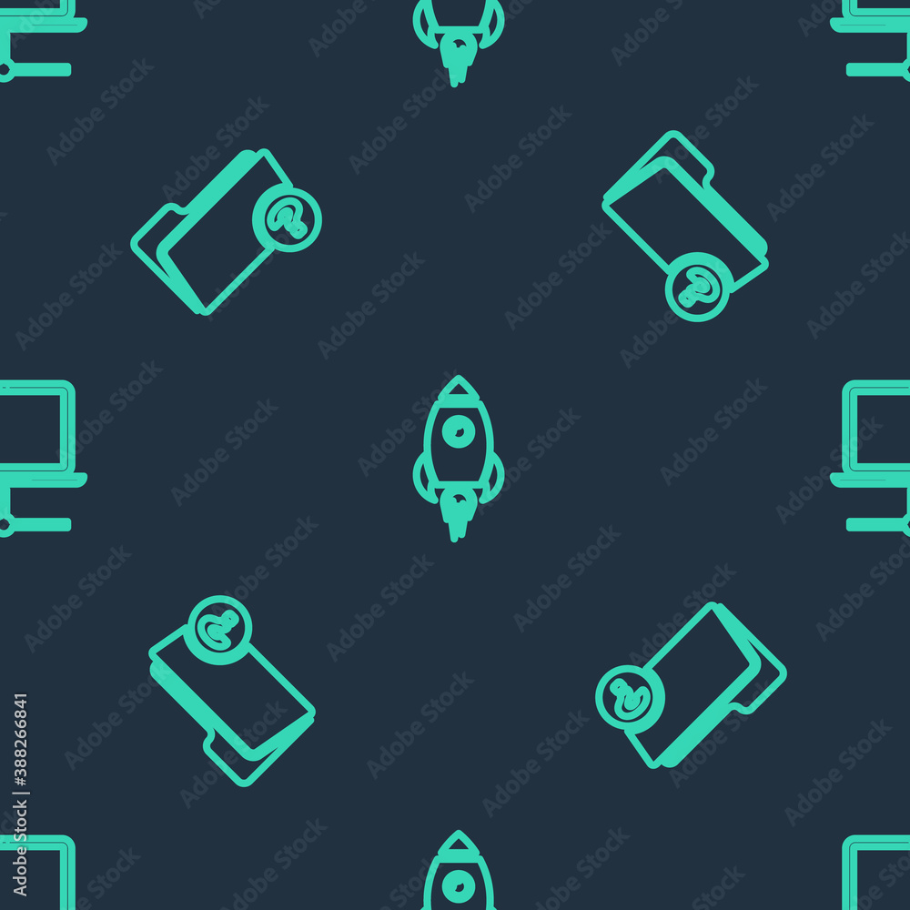Poster Set line Rocket ship with fire, Unknown directory and Computer network on seamless pattern. Vector.