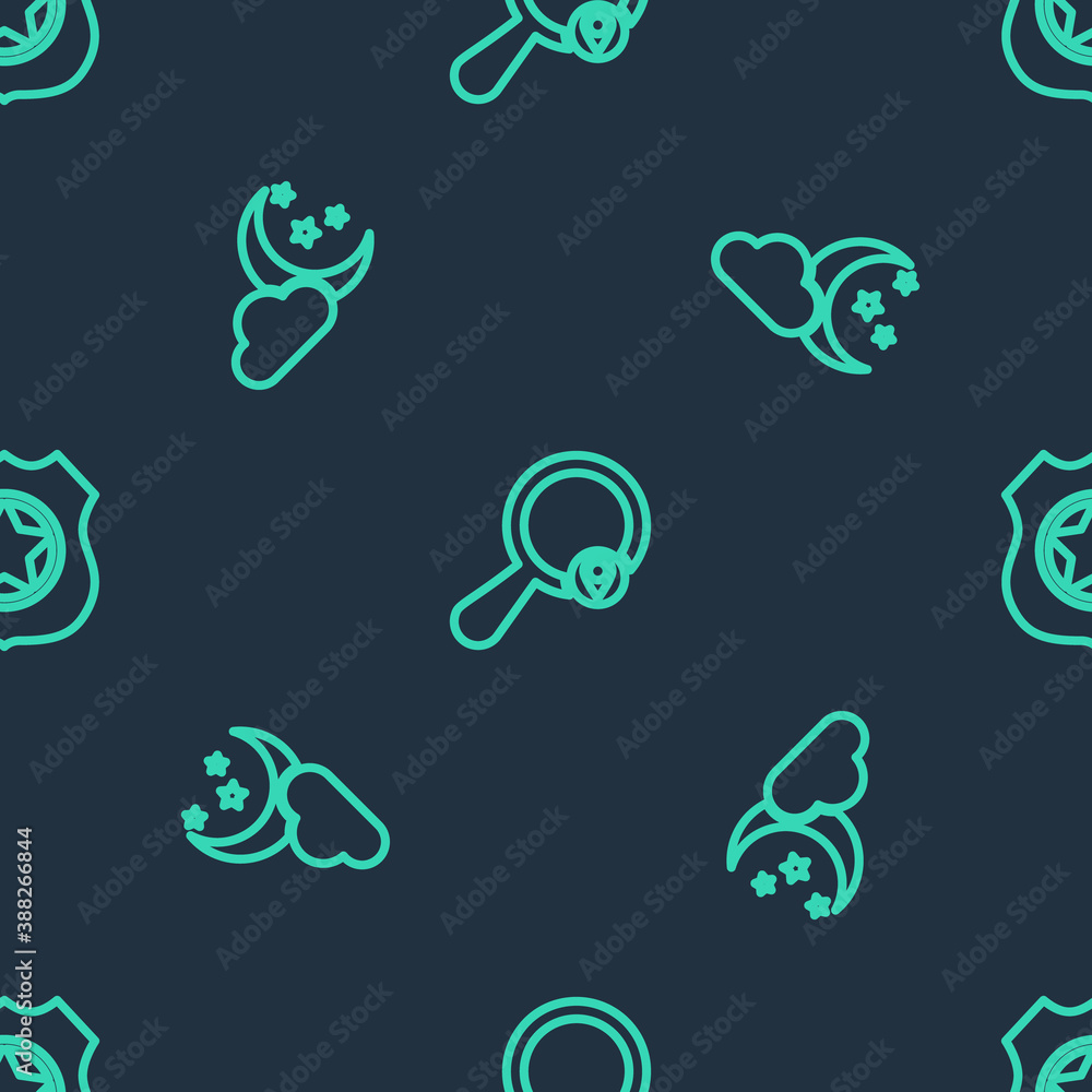 Poster set line search location, cloud with moon and stars and police badge on seamless pattern. vector.