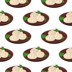 Traditional Georgian dish Khinkali background. Meat dumplings vector realistic seamless pattern.