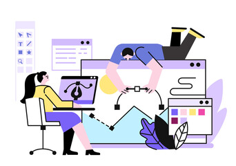 girl and guy draw computer graphics on computer