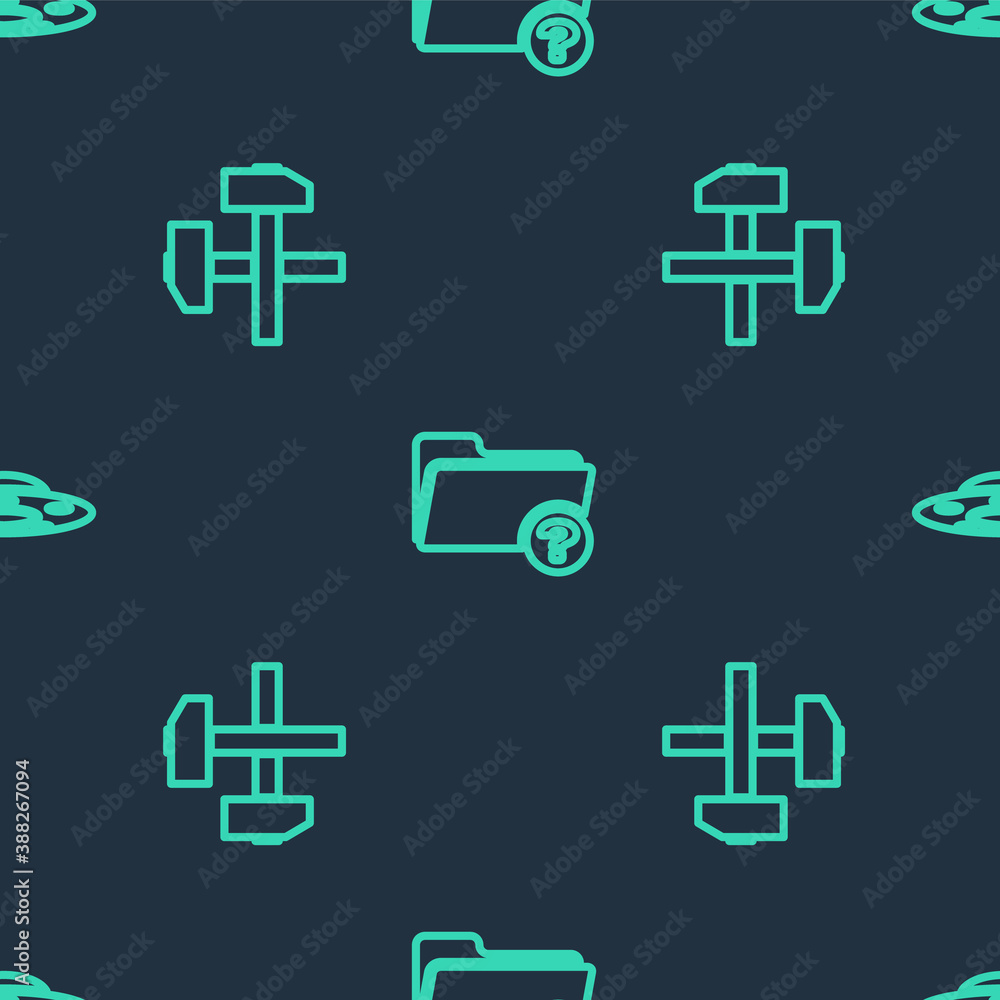 Aufkleber set line unknown directory, two crossed hammers and ufo flying spaceship on seamless pattern. vector