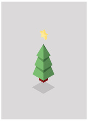 Isometric three-dimensional christmas tree with a star on the top.