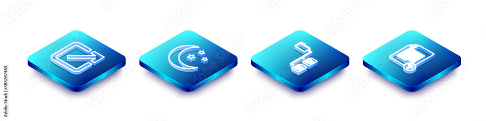 Poster set isometric line open in new window, moon and stars, folder tree and unknown document icon. vector
