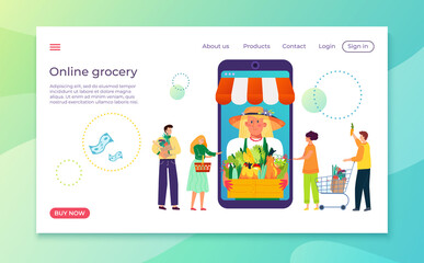 Grocery delivery online, buy product on shop store internet service vector illustration. Retail shopping with good farm product, sale for customer in cyberspace. Commerce eco marketing.