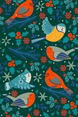Seamless pattern with winter birds and floral elements. Vector graphics